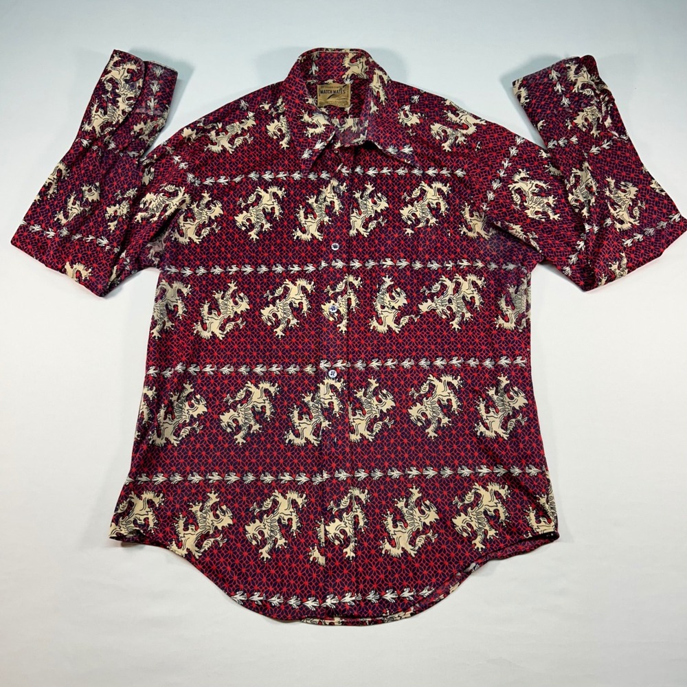 Vintage Jason Clarke Match Mates Mens XL‎ Lion Print Button Down Shirt Red Navy